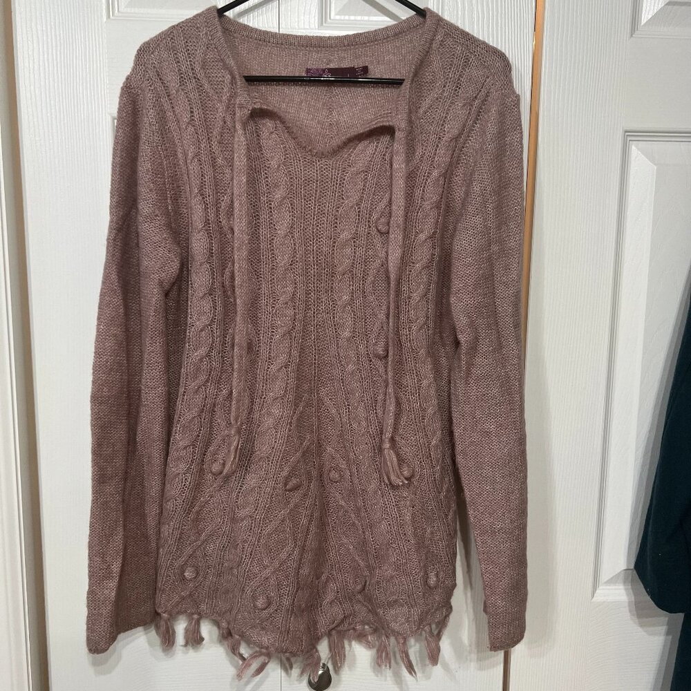PrAna Shelby Poncho Sweater Pink Wool blend Wm L Boho Fringe Hem Tassle Tie Neck